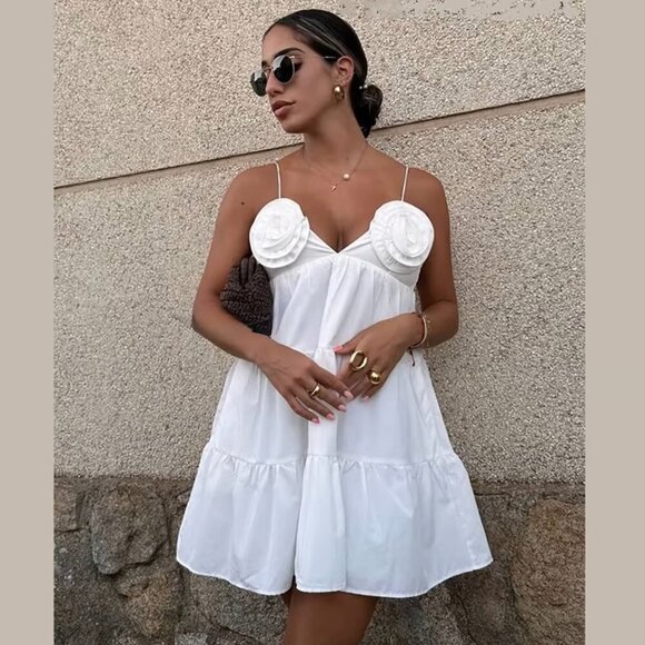 Zara Poplin Strappy Floral Ruffle Mini Dress Blogger Fav White Size XS - Picture 3 of 12